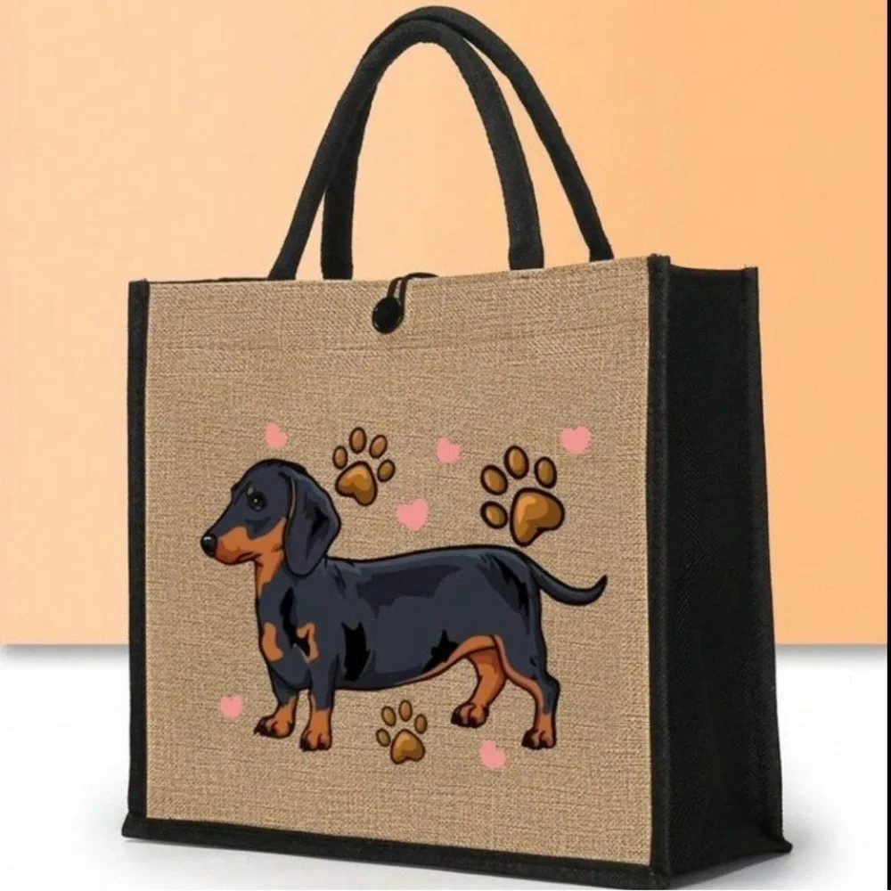 NWOT Dachshund Print Dog Tote Bag Set - Black and Tan - Picture 2 of 5